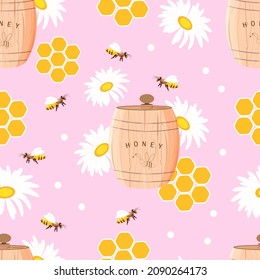 Seamless pattern of chamomile, daisy, with fly bee on a pink background.Wild wasps in a flower meadow.