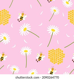 Seamless pattern of chamomile, daisy, with fly bee on a pink background.Wild wasps in a flower meadow.