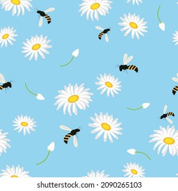 Seamless pattern of chamomile, daisy, with fly bee on a blue background.Wild wasps in a flower meadow.