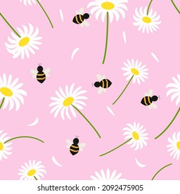 Seamless pattern of chamomile, daisy, with fly bee on a pink background.Wild wasps in a flower meadow.