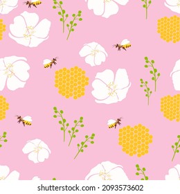Seamless pattern of chamomile, daisy, with fly bee on a pink background.Wild wasps in a flower meadow.