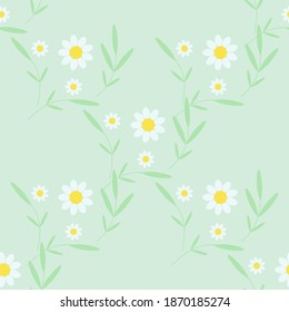 Camomile sin rayo ni margarita sobre un fondo verde con ramas de vegetación. Ornamento sin fin para productos textiles para bebés, ropa de cama o ropa de cama. Días románticas para bebés. Imagen vectorial, de estilo plano.
