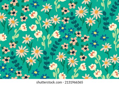 Seamless pattern with chamomile field. Cute floral print with small hand drawn flowers, leaves on a blue field. Romantic botanical background, simple floral surface. Vector illustration.