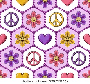 Patrón sin foco con flor de camomila, corazón, signo de paz, abalorios, emoji. Rejilla geométrica hexagonal. Ambiente tranquilo y positivo en un estilo campestre e hippie.