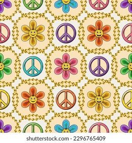 Seamless pattern with chamomile flower, peace sign, beads, emoji. Geometric grid with circles. Peaceful, positive background in groovy, hippie style.