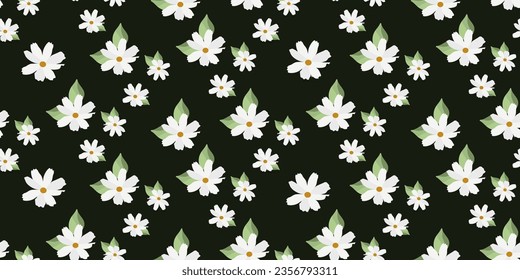 Seamless pattern with chamomile flower, small white flower and green leaves on a dark background. Vector illustration. Modern print