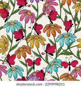 Seamless pattern with chamomile flower with stem, tiny cute butterflies playing with hearts. Groovy, hippie, naive style. Good for apparel, fabric, textile, surface decoration, kids design.