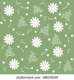  Seamless pattern of chamomile flowers and branches isolated, green background. Vector Illustration