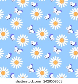 Seamless pattern with chamomile flowers and butterflies on blue background. Design for textile, wrapping paper, wallpaper.