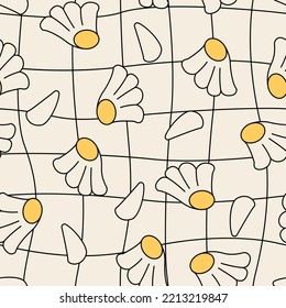 Seamless pattern with chamomile flowers and distorted linear cage. Retro vector floral background