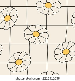 Patrón sin foco con flores de camomila y jaula lineal distorsionada. Fondo floral vectorial retro