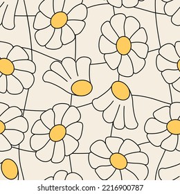 Seamless pattern with chamomile flowers and distorted linear cage. Retro vector floral background