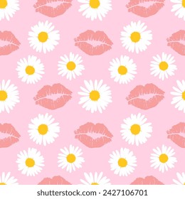 Seamless pattern with chamomile flowers and female pink lipstick kiss on pink background.