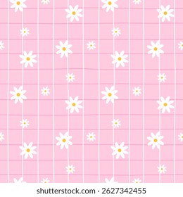 Seamless pattern with chamomile flowers and gingham background. Cute spring vector design perfect for fabric, wallpaper, and children decor