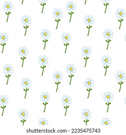 Seamless pattern with chamomile flowers and green branches. Minimalistic spring illustration for packaging, baby clothes and textiles. Delicate cute daisies.