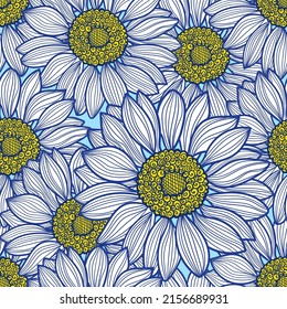 Seamless pattern with chamomile flowers. Hand drawn. Summer theme. For fabric design, wallpapers, backgrounds, wrapping paper, scrapbooking. Vector