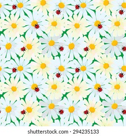 Seamless pattern with chamomile flowers and ladybirds, ladybugs, summer background