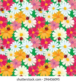 Seamless pattern with chamomile flowers and ladybirds, summer background
