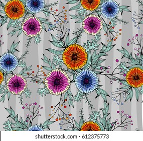 Seamless pattern of chamomile flowers with leaves. Vector pattern