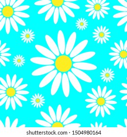 Seamless pattern. Chamomile flowers on a bluish background. Vector drawing. Texture.