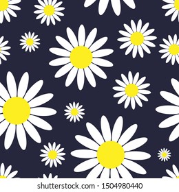 Seamless pattern. Chamomile flowers on a dark blue background. Vector drawing. Texture.