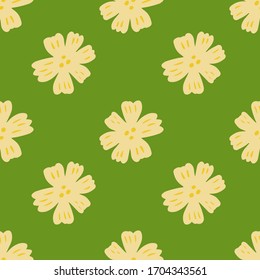 Seamless pattern with chamomile flowers on green background. Daisy pattern in doodle style. Ditsy floral wallpaper. Design for fabric, textile print, wrapping paper, cover. Vector illustration.