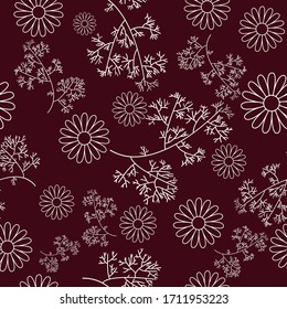 Seamless pattern with chamomile flowers on dark red background. Line vector illustration.  Good for textile, wrapping paper, background, summer design etc.