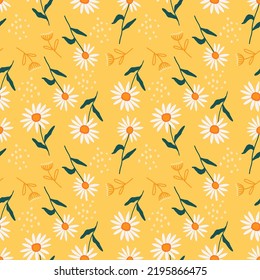 Patrón sin foco con flores de camomila sobre un fondo amarillo. Delicada ilustración de herbario de flores y pétalos silvestres. Ideal para tejidos, papeles pintados, fondos, carteles e impresiones.