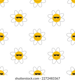 Patrón sin inconfundibles con flores de manzana sobre fondo blanco. Flor divertida de dibujos animados. Buenas vibraciones.
