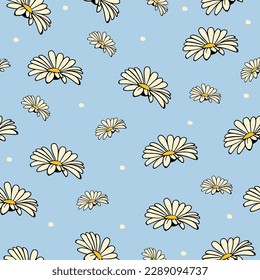 Nahtloses Muster mit Kamillenblumen auf blauem Hintergrund.