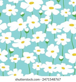 Seamless pattern with chamomile flowers on blue background.