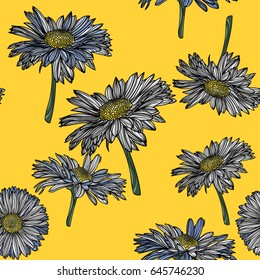 Seamless pattern with chamomile flowers on yellow background. Vector illustration. Typography design elements for prints, cards, posters, products packaging, branding.
