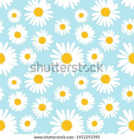 Seamless pattern with chamomile flowers on blue background.