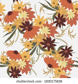 Seamless pattern with chamomile flowers in orange, Burgundy, beige and leaves on a light background. Design for wallpaper, background, fabric, textiles, interior, hotel, resort, cafe, exotic, packagin