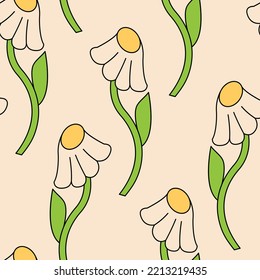 Seamless pattern with chamomile flowers. Retro vector floral background