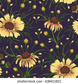 Seamless pattern with chamomile flowers. Rustic floral background. Vintage vector botanical illustration in watercolor style.