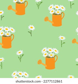 Patrón sin inconvenientes con flores de camomila y latas de agua.