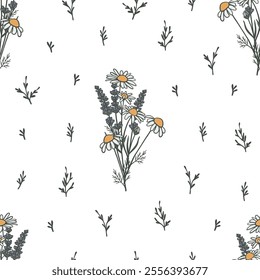 Seamless pattern with chamomile and lavender bouquet. Gentle floral elements on white background