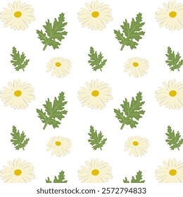 Seamless pattern with chamomile leaves and flowers. Abstract design with hand-drawn lines. Modern art for covers, posters, social media, fabrics, wrapping paper. Cartoon vector illustration