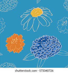 Seamless pattern with chamomile, marigold and daisy flowers. Vector illustration, sketch.