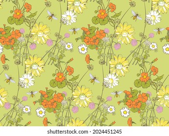 Seamless pattern. Chamomile, nasturtium and clover on a light green background