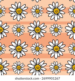 Seamless pattern with chamomile on light orange background. Vector image.