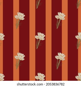Seamless pattern chamomile on red stripes background. Beautiful ornament summer flowers. Geometrical texture template for fabric. Design vector illustration.