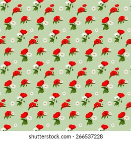 Seamless pattern with chamomile and poppies flowers. Vector illustration