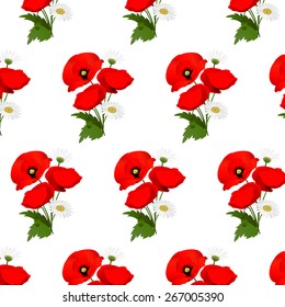 Seamless pattern with chamomile and poppies flowers. Vector illustration