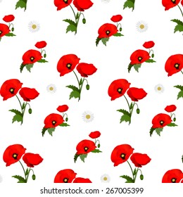 Seamless pattern with chamomile and poppies flowers. Vector illustration