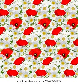 Seamless pattern with chamomile and poppies flowers. Vector illustration Can be placed on the packaging