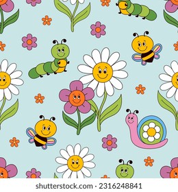 seamless pattern with chamomile, snail, bee, caterpillar, 