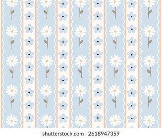 Seamless pattern with chamomile and stripe in pastel colors. Vintage print in the style of old wallpaper. Retro print for printing, interior, web, textile, printing on fabric, paper,  scrapbooking