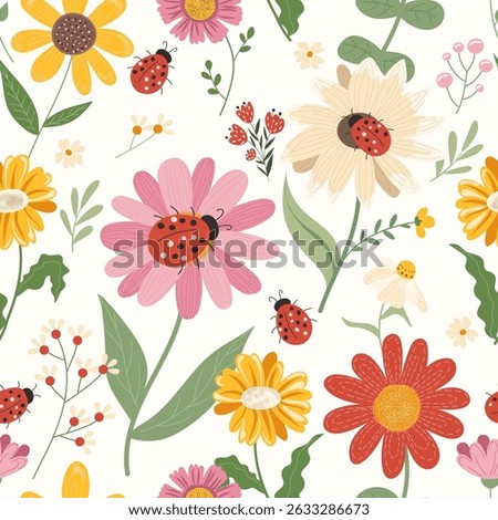 Seamless pattern with chamomile, sunflower and ladybug. Botanical garden with ladybug on flower. Vector seamless pattern